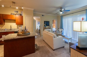 Two Bedroom Apartments for Rent in Conroe, TX - Model Living Room & Kitchen  